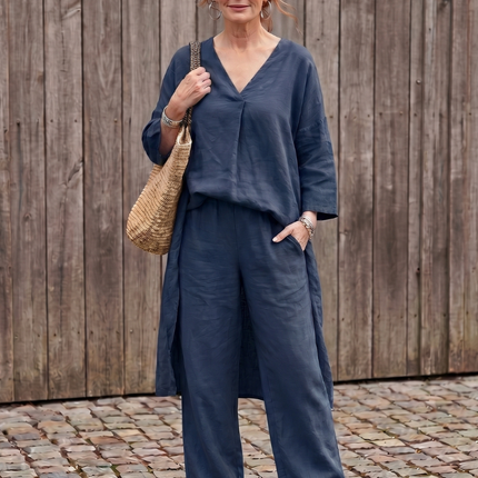 Women's Linen Pants Set Relaxed V Neck Top