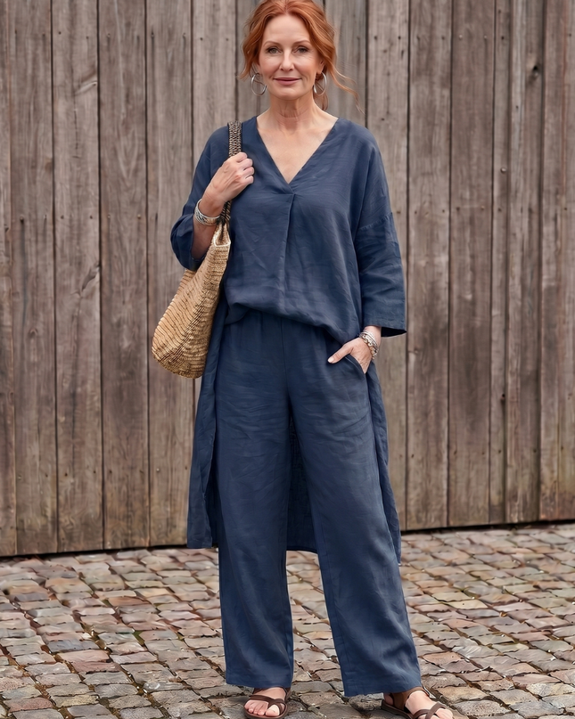 Women's Linen Pants Set Relaxed V Neck Top