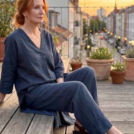 Women's Linen Pants Set Relaxed V Neck Top