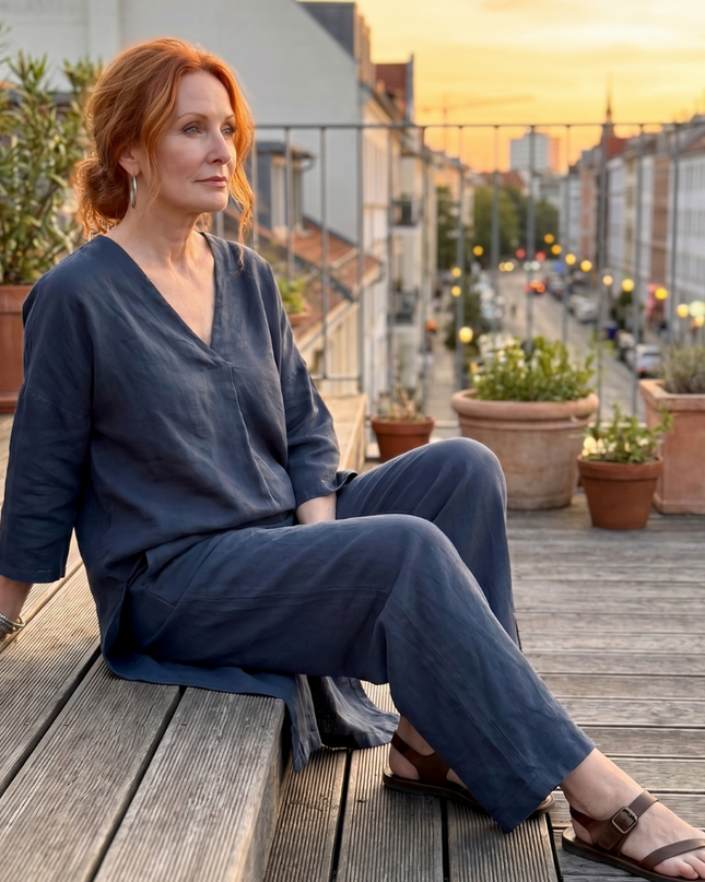 Women's Linen Pants Set Relaxed V Neck Top