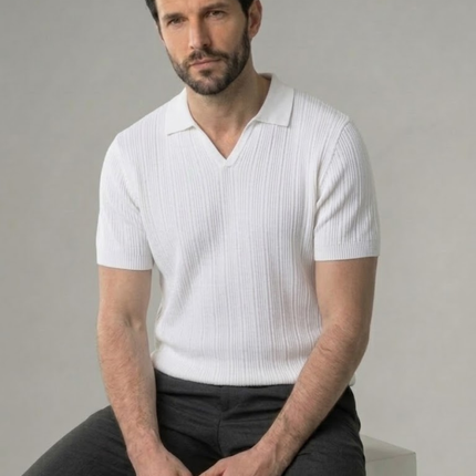 Men’s Ribbed Polo Shirt – Open Collar & Short Sleeve