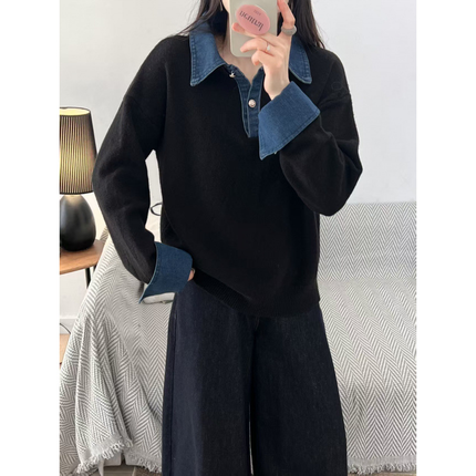 Madeline | Women's Collared Knit Sweater Contrast Collar Long Sleeve