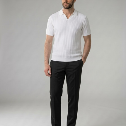 Men’s Ribbed Polo Shirt – Open Collar & Short Sleeve