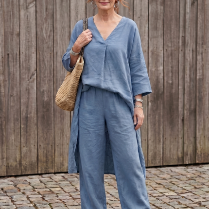 Women's Linen Pants Set Relaxed V Neck Top
