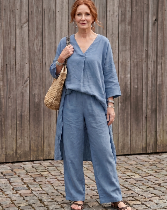 Women's Linen Pants Set Relaxed V Neck Top