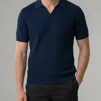 Men’s Ribbed Polo Shirt – Open Collar & Short Sleeve