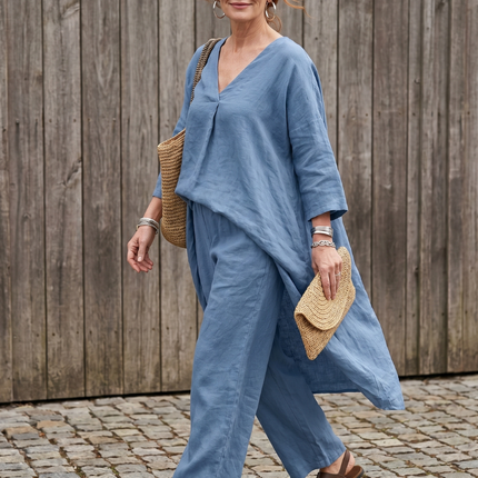 Women's Linen Pants Set Relaxed V Neck Top