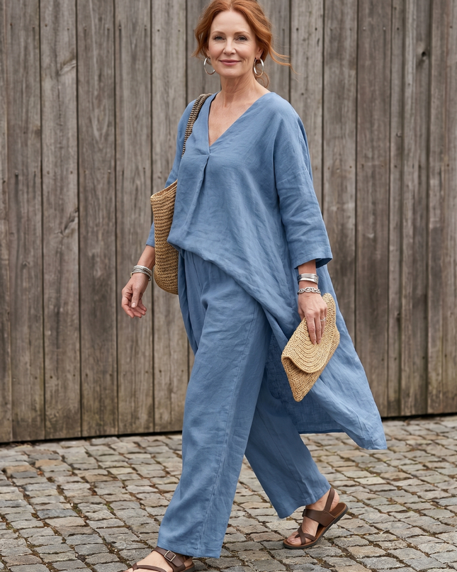 Women's Linen Pants Set Relaxed V Neck Top