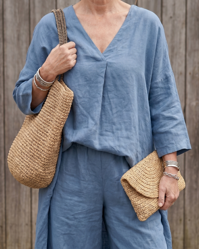 Women's Linen Pants Set Relaxed V Neck Top