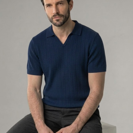 Men’s Ribbed Polo Shirt – Open Collar & Short Sleeve