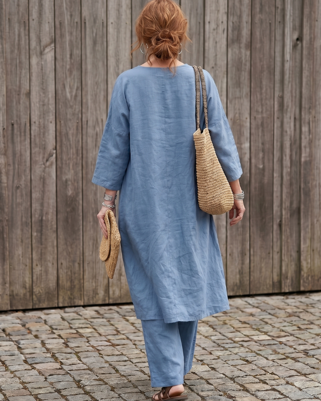 Women's Linen Pants Set Relaxed V Neck Top