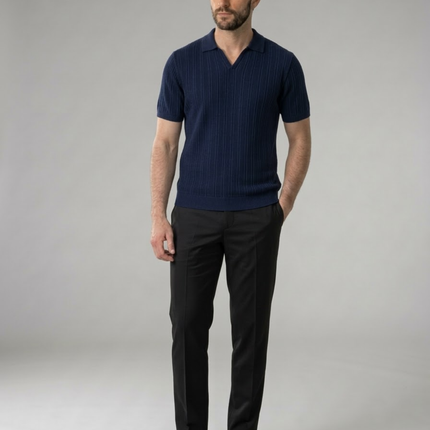 Men’s Ribbed Polo Shirt – Open Collar & Short Sleeve