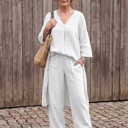 Women's Linen Pants Set Relaxed V Neck Top