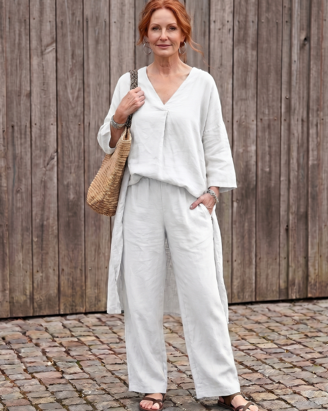 Women's Linen Pants Set Relaxed V Neck Top