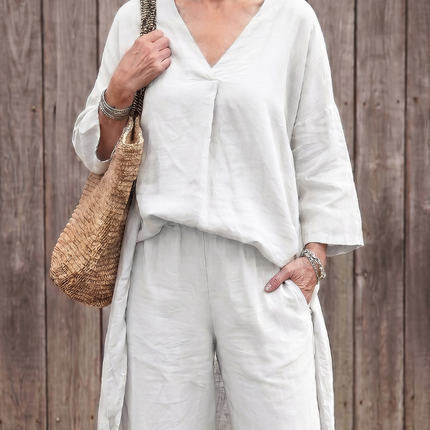 Women's Linen Pants Set Relaxed V Neck Top
