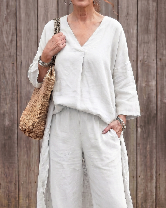 Women's Linen Pants Set Relaxed V Neck Top