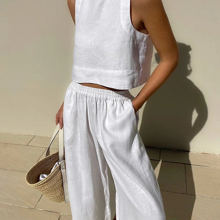 Women's Sleeveless Two Piece Set Cropped Top and Wide Leg Pants