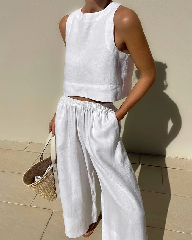 Women's Sleeveless Two Piece Set Cropped Top and Wide Leg Pants