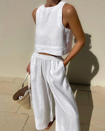 Women's Sleeveless Two Piece Set Cropped Top and Wide Leg Pants