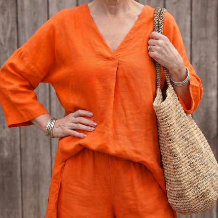 Women's Linen Pants Set Relaxed V Neck Top