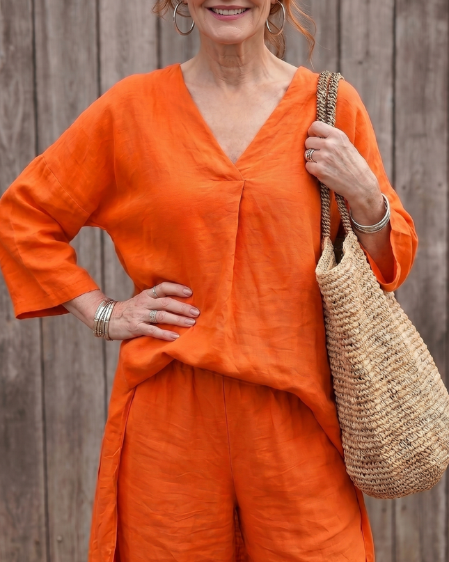 Women's Linen Pants Set Relaxed V Neck Top