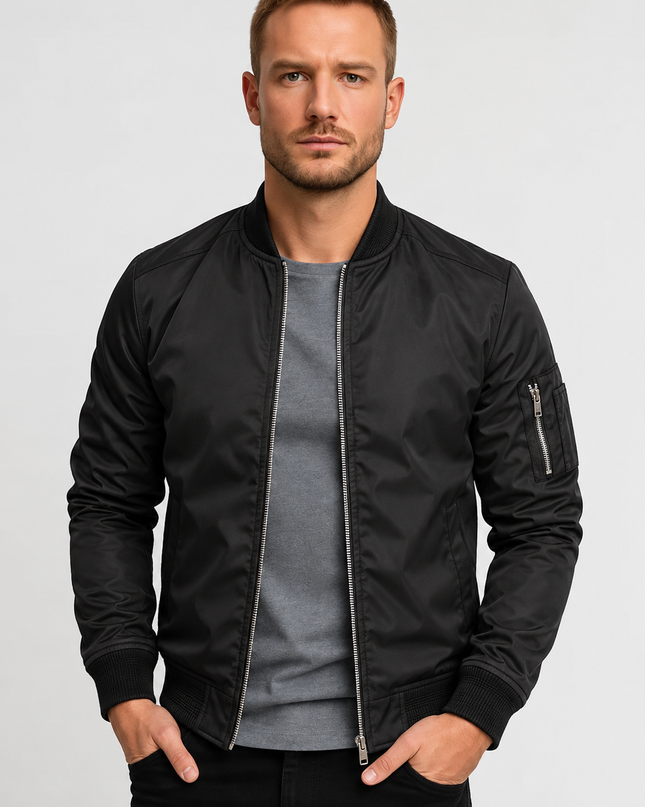 Men's Bomber Jacket – Zip Front Ribbed Collar Everyday Layer