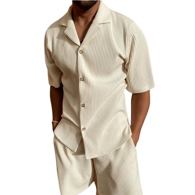 Men’s Pleated Two-Piece Set – Short Sleeve Shirt & Shorts – Cream