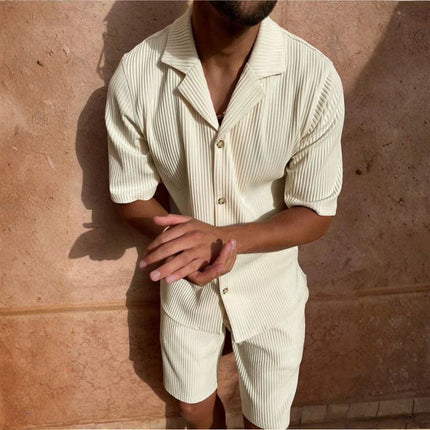 Men’s Pleated Two-Piece Set – Short Sleeve Shirt & Shorts – Cream