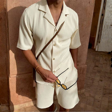 Men’s Pleated Two-Piece Set – Short Sleeve Shirt & Shorts – Cream