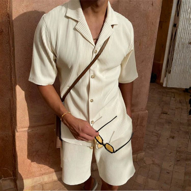 Men’s Pleated Two-Piece Set – Short Sleeve Shirt & Shorts – Cream