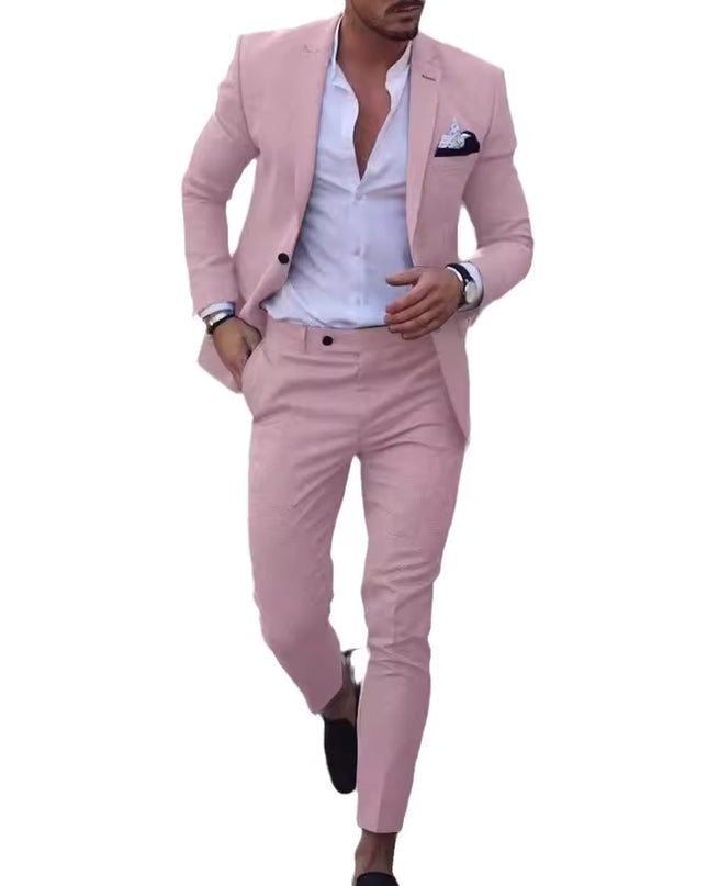 Men’s Two-Piece Suit Set with Notch Lapel Blazer and Straight-Leg Trousers