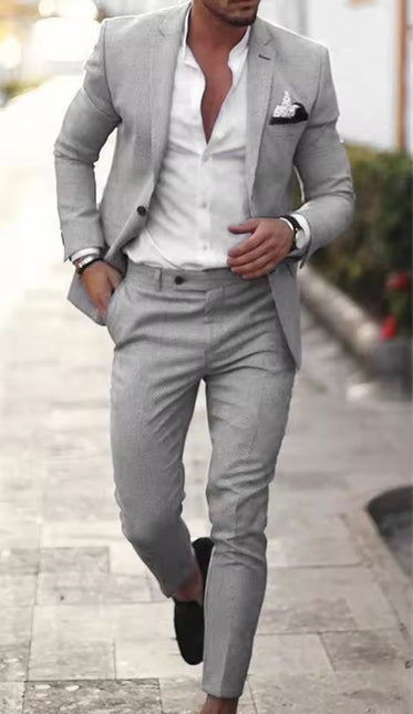 Men’s Two-Piece Suit Set with Notch Lapel Blazer and Straight-Leg Trousers