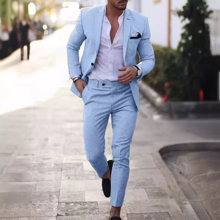 Men’s Two-Piece Suit Set with Notch Lapel Blazer and Straight-Leg Trousers