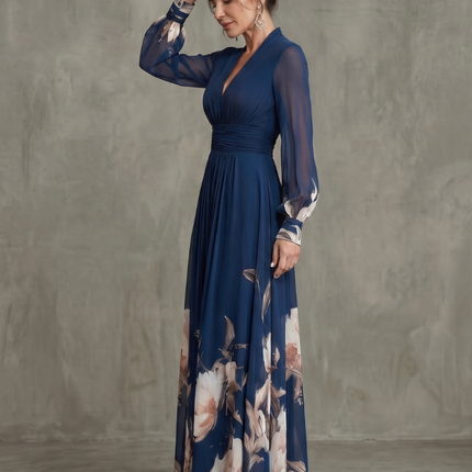 Anastasia | Floral V-Neck Pleated Maxi Dress with Sheer Sleeves