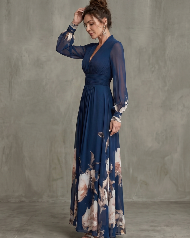 Anastasia | Floral V-Neck Pleated Maxi Dress with Sheer Sleeves
