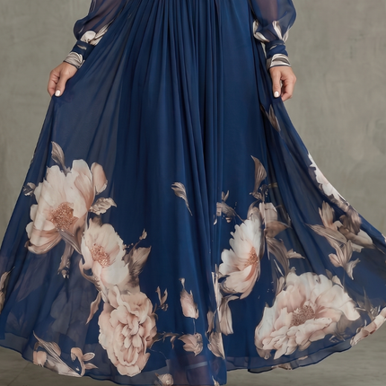 Anastasia | Floral V-Neck Pleated Maxi Dress with Sheer Sleeves