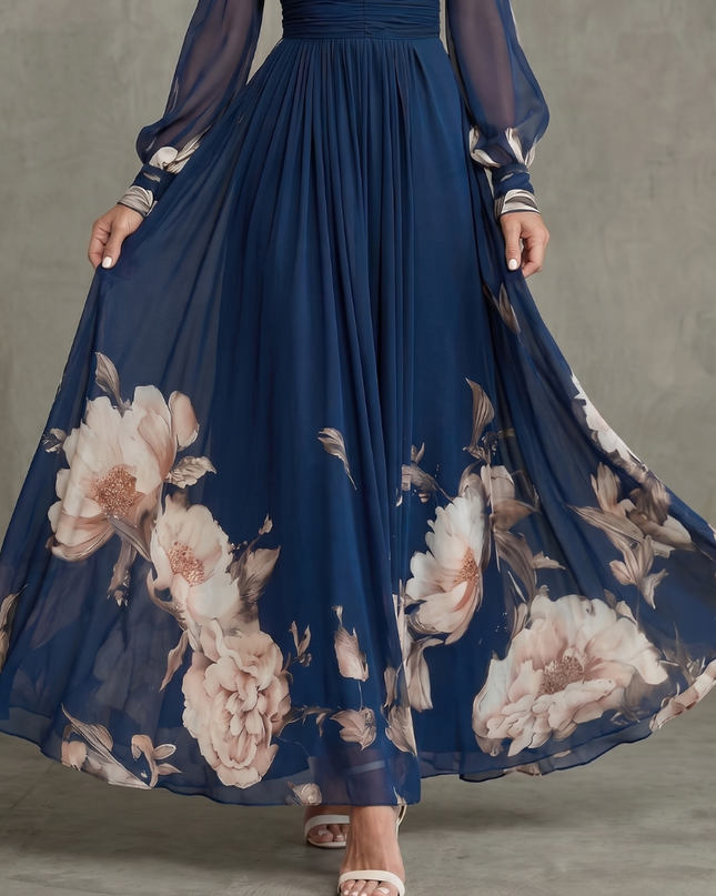 Anastasia | Floral V-Neck Pleated Maxi Dress with Sheer Sleeves