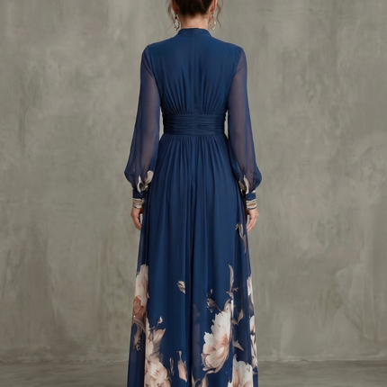 Anastasia | Floral V-Neck Pleated Maxi Dress with Sheer Sleeves