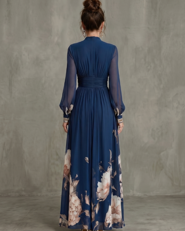 Anastasia | Floral V-Neck Pleated Maxi Dress with Sheer Sleeves