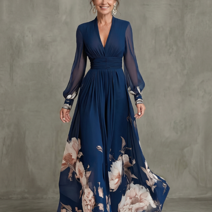 Anastasia | Floral V-Neck Pleated Maxi Dress with Sheer Sleeves