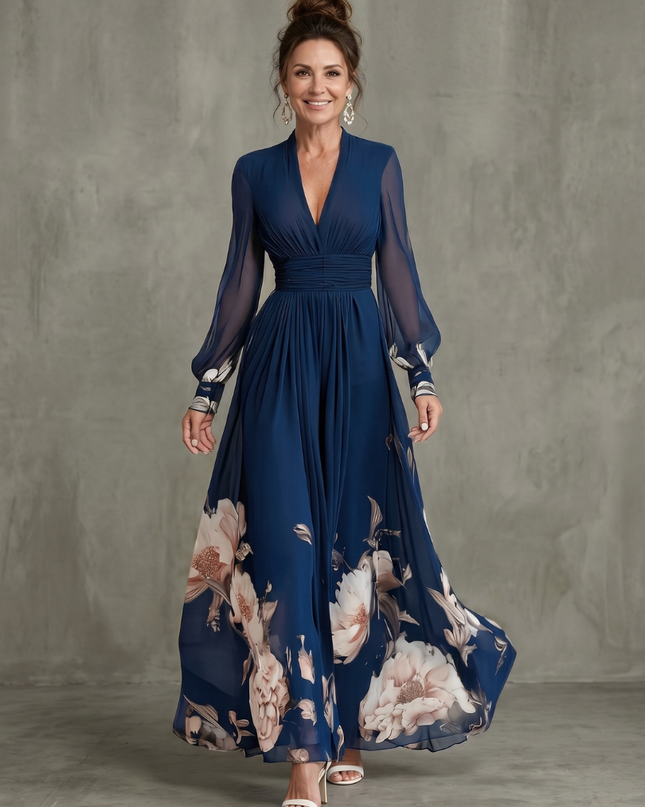 Anastasia | Floral V-Neck Pleated Maxi Dress with Sheer Sleeves