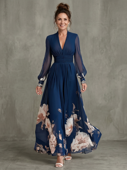 Anastasia | Floral V-Neck Pleated Maxi Dress with Sheer Sleeves