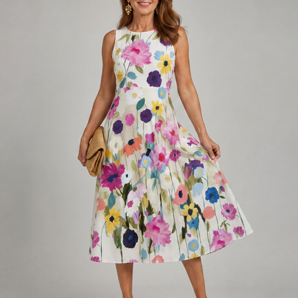 Camille | Floral Sleeveless Round Neck Midi Dress