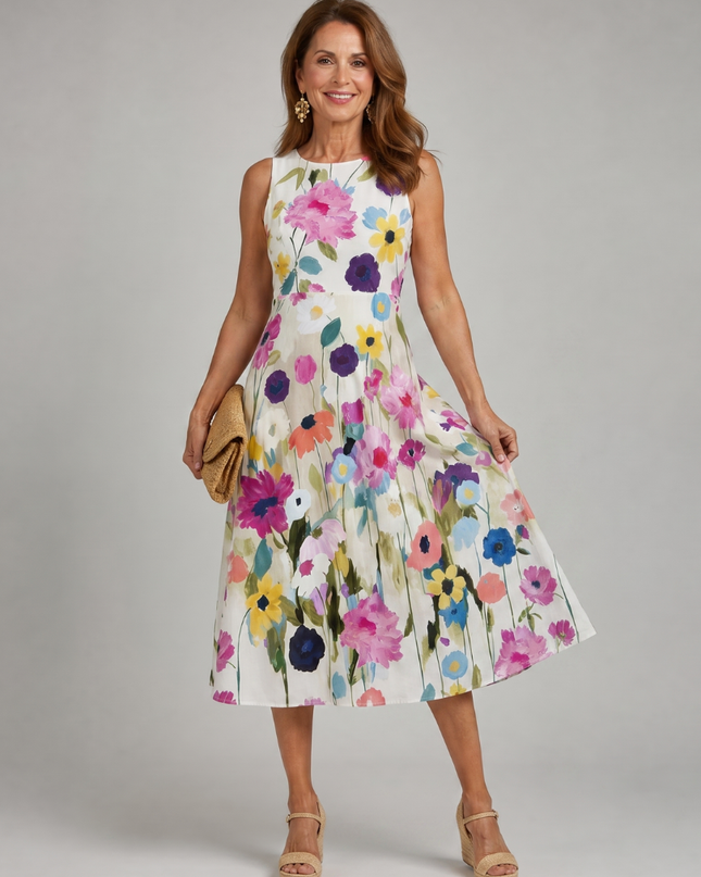 Camille | Floral Sleeveless Round Neck Midi Dress