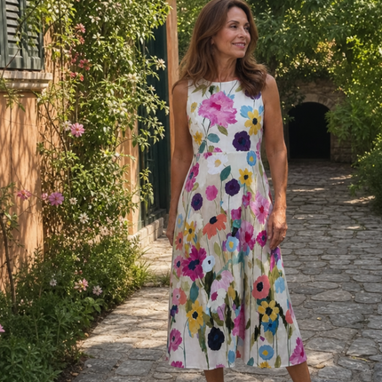 Camille | Floral Sleeveless Round Neck Midi Dress