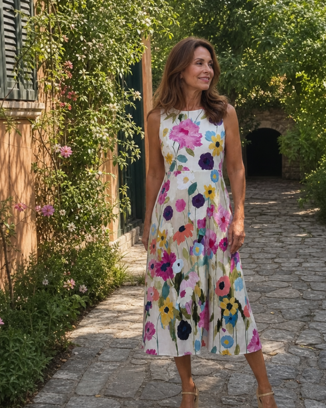 Camille | Floral Sleeveless Round Neck Midi Dress