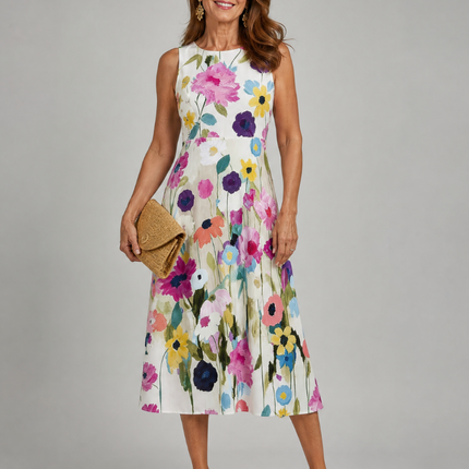 Camille | Floral Sleeveless Round Neck Midi Dress