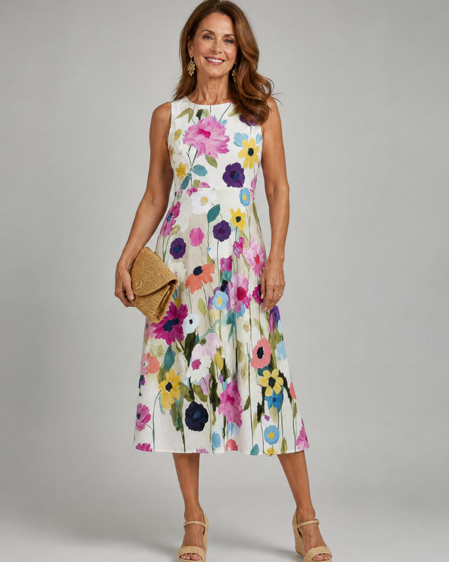 Camille | Floral Sleeveless Round Neck Midi Dress