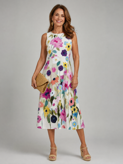 Camille | Floral Sleeveless Round Neck Midi Dress