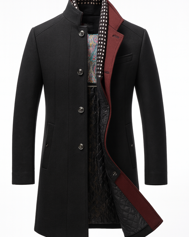 Cavrelian | Men's Wool Blend Overcoat Stand Collar Button Front